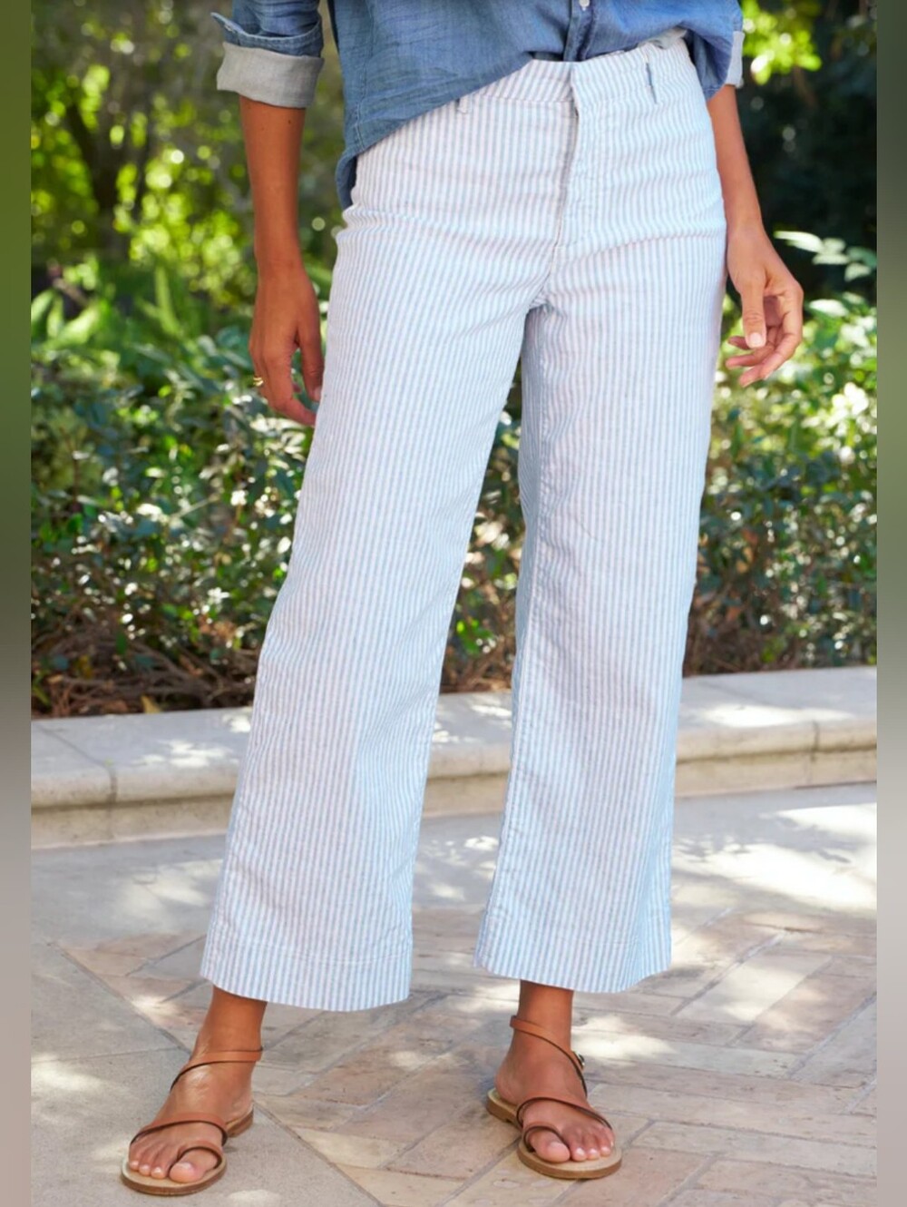 Frank & Eileen Wexford Wide Leg Pants Size 8 Linen Blend Blue White Striped